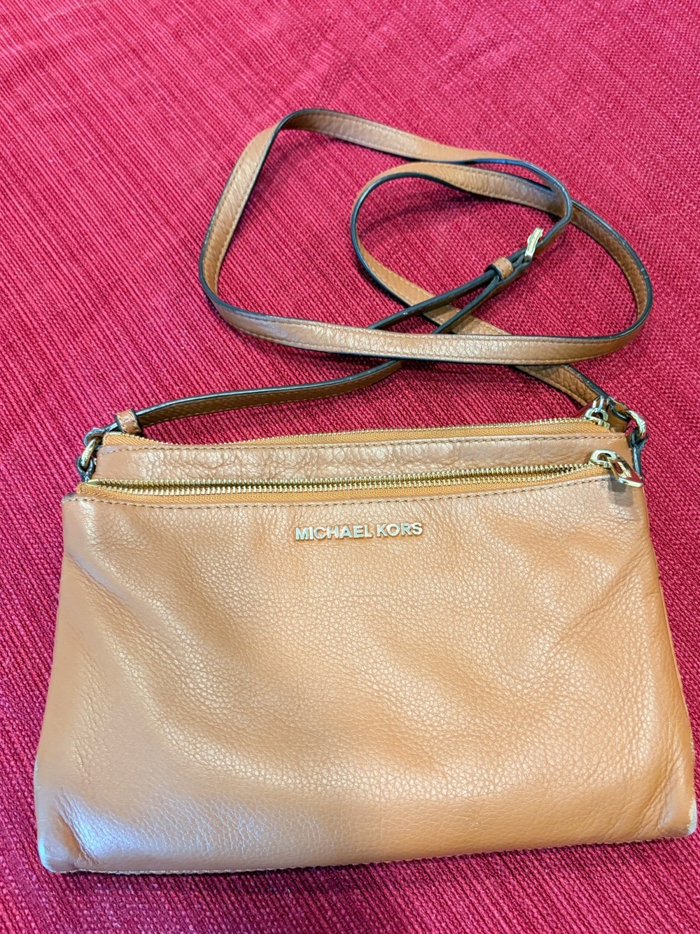 Michael Kors Bedford Double Zip Leather Crossbody Bag Wallet in Tan / Luggage